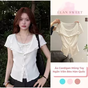 【Élan Sweet】Áo Gân Tăm Cổ Bẻ Phối Áo 2 Dây Thắt Nơ - Áo Cardigan Mỏng Tay Ngắn Viền Bèo Hàn Quốc