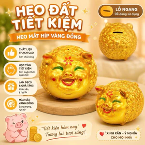 Heo đất tiết kiệm mẫu Heo mắt híp Hàn Quốc màu vàng đồng KT 18x15x15cm siêu sang trọng cho bạn