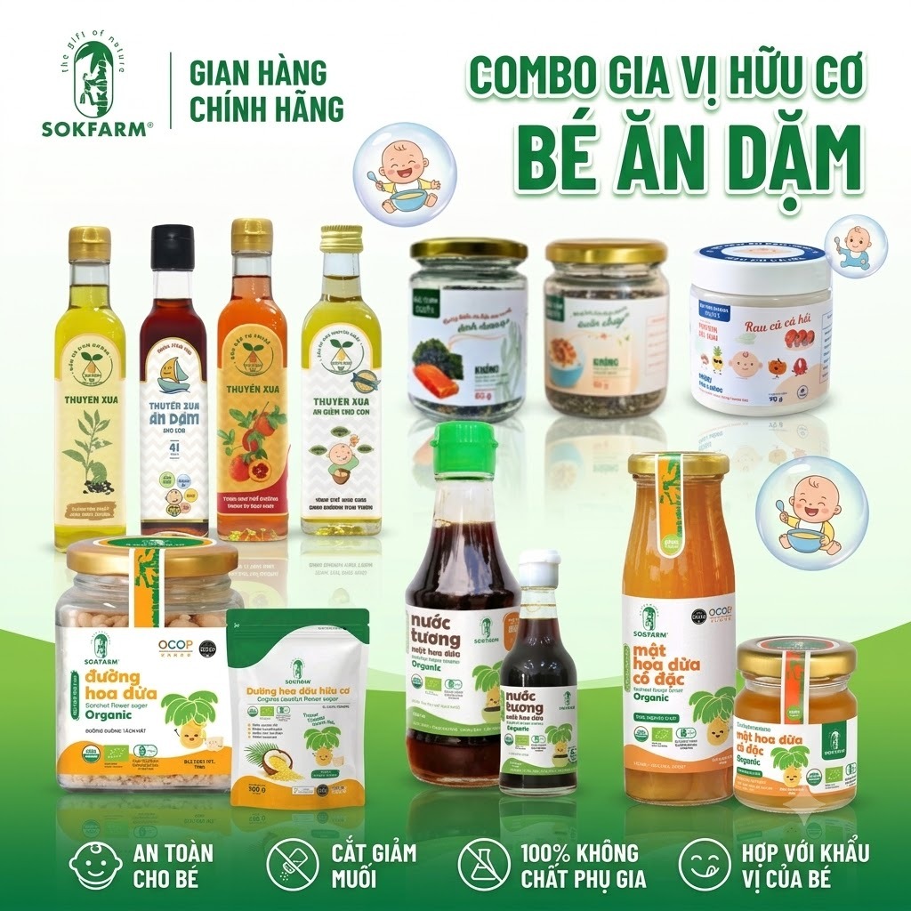 [Combo Gia vị hữu cơ Cho Bé ăn dặm] Nước Tương & Mật Hoa Dừa & Nước Mắm & Bột Nêm &Rắc Cơm& Dầu ăn