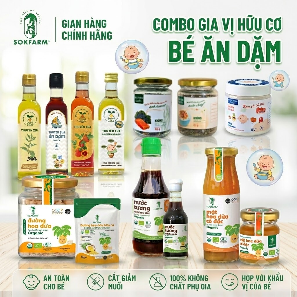 [Combo Gia vị hữu cơ Cho Bé ăn dặm đầy đủ] Nước Tương & Mật Hoa Dừa Sokfarm & Nước Mắm & Bột Nêm