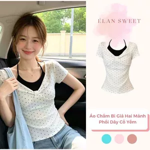 【Élan Sweet】Áo Chấm Bi Giả Hai Mảnh Phối Dây Cổ Yếm - Áo Thun Gân Cổ Chữ V Ôm Body Tay Ngắn