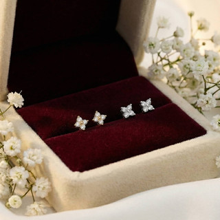 Khuyên tai bạc đính đá cỏ bốn lá ChicEar Jewelry, Hoa tai Bạc cỏ 4 lá may mắn gắn đá nhỏ xinh sang trọng