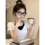 【Élan Sweet】Áo Chấm Bi Giả Hai Mảnh Phối Dây Cổ Yếm - Áo Thun Gân Cổ Chữ V Ôm Body Tay Ngắn