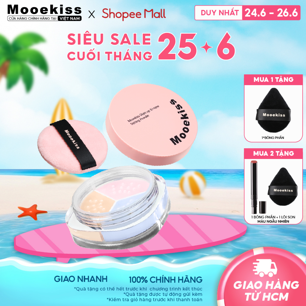 [MỚI] Phấn Phủ 3 Màu Mooekiss Loose Powder Hạt Phấn Siêu Mịn Khóa Nền 24H, Chống Nước Kháng Mồ Hôi Tuyệt Đối (7.5g)