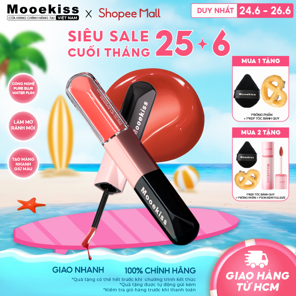 Son kem hai đầu Mooekiss thiết kế hai đầu lì và bóng dưỡng ẩm suốt 8 giờ không lem không tràn hiệu quả 2 trong 1 D01 6ML