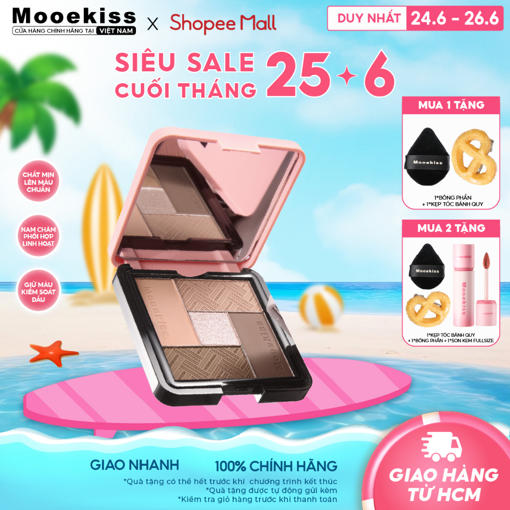 Bảng phấn mắt 5 màu Mooekiss Tone màu đất Lì Thiết kế từ tính Dành cho người mới bắt đầu 5-color 8.5g