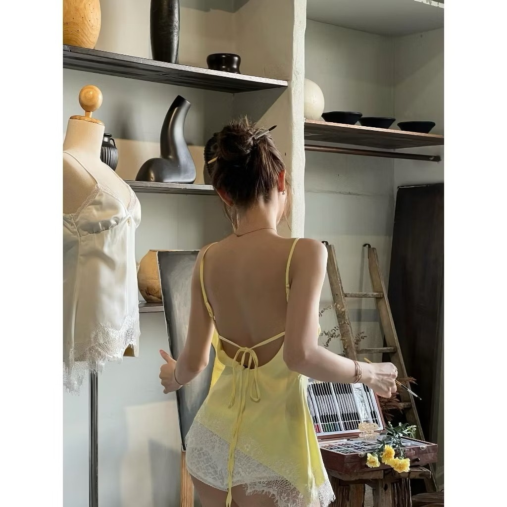 Áo hai dây lụa nữ, áo dây nữ lụa phối ren phong cách sang chảnh