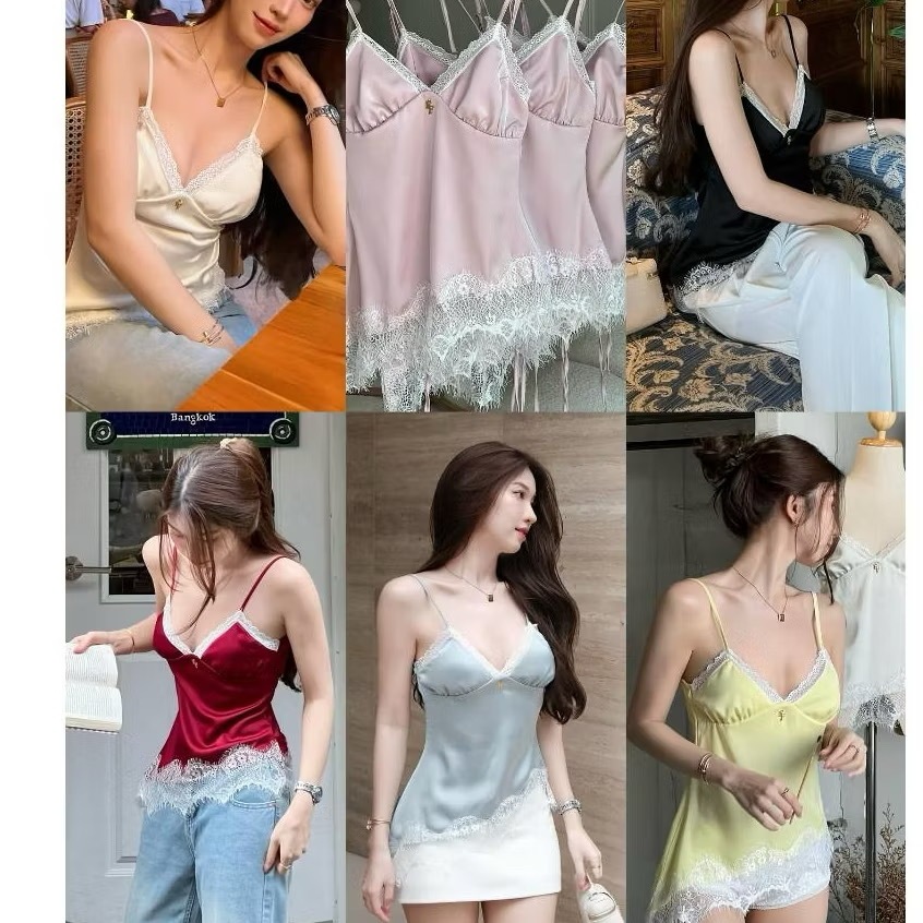 Áo hai dây lụa nữ, áo dây nữ lụa phối ren phong cách sang chảnh