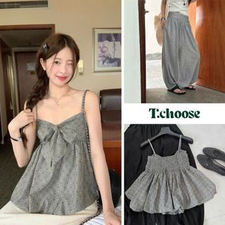 Áo 2 dây chấm bi gắn nơ trước ngực 1308 dáng bồng bí TCHOOSE