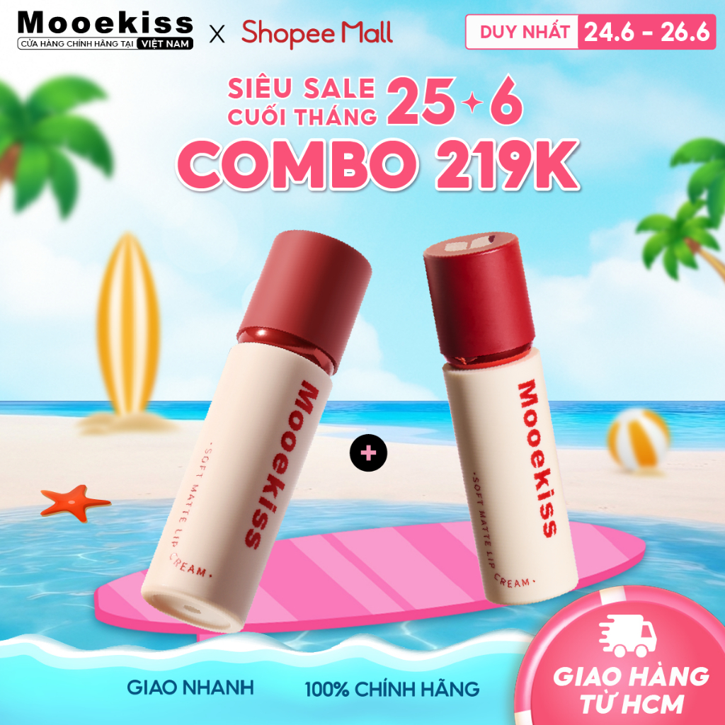 [KOL] Combo 2 Son lì môi Mooekiss màu lì không khô không dính bảng màu hợp nhiều phong cách Red 3gx2