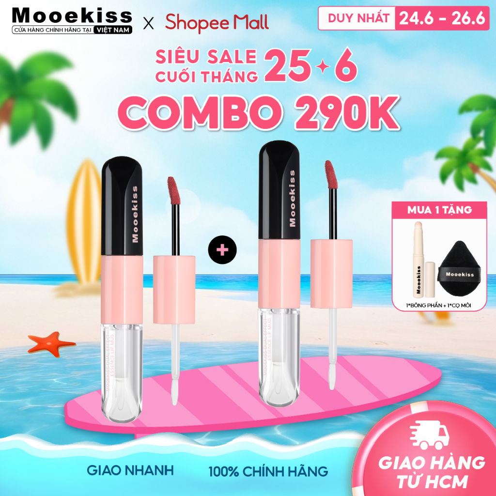 [KOL] Combo 2 Son môi hai đầu Mooekiss, thiết kế hai đầu, đa năng, mờ và bóng W1 dung tích 3.1gx2