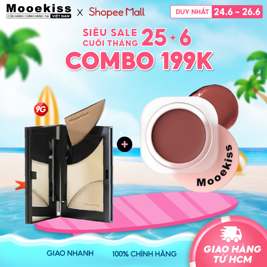 [KOL] Combo Bảng phấn khối và má hồng kem Mooekiss rạng rỡ tự nhiên tạo khối không thấm nước 9g + 5g