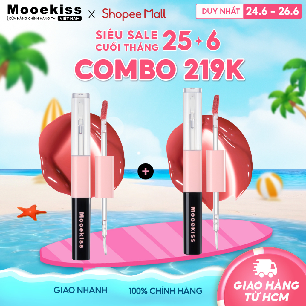 [LIVE] Combo 2 Son môi hai đầu Mooekiss, thiết kế hai đầu, đa năng, mờ và bóng W1 dung tích 1.5gx2