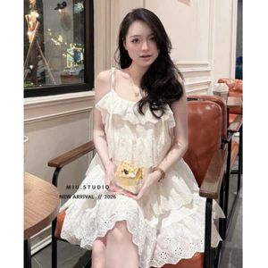 Đầm 2 dây trắng dáng xoè nhiều tầng phối ren tiểu thư , Váy thiết kế dáng babydoll xoè tầng công chúa mặc đi chơi đi biể