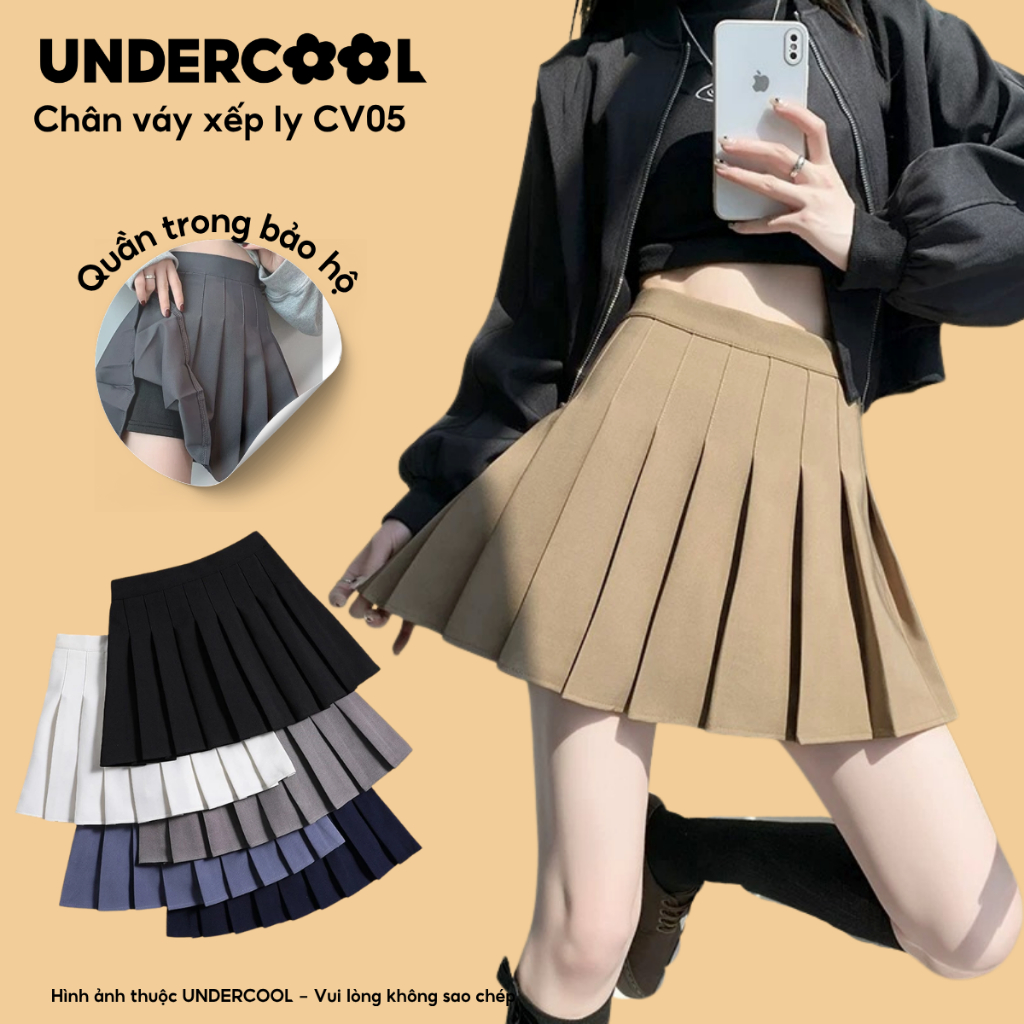 Chân Váy xếp ly UNDERCOOL Tenis Lưng Cao Kiểu Tennis Skirt Chất Tuyết Mưa LIVE CV05