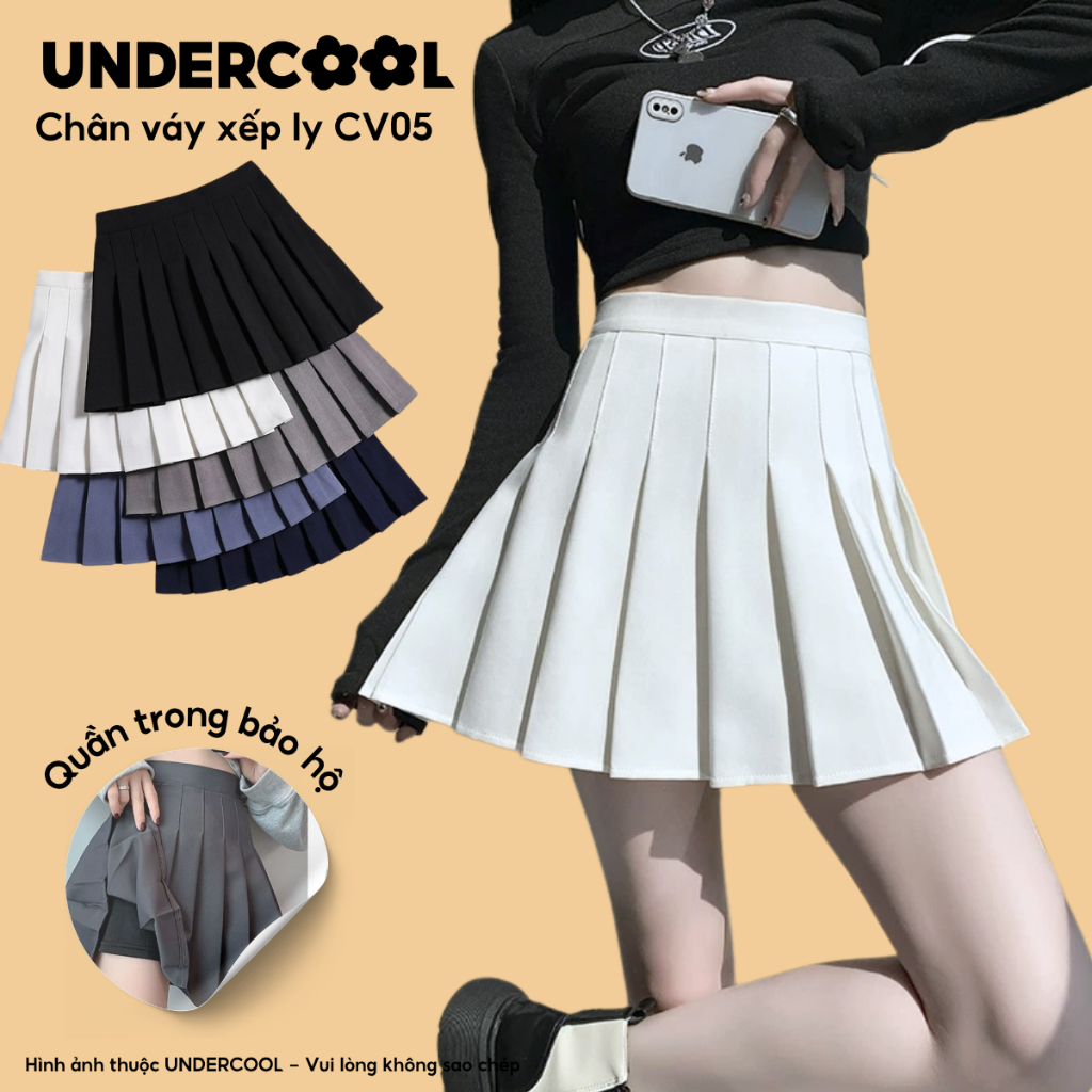 Chân Váy xếp ly UNDERCOOL Tenis Lưng Cao Kiểu Tennis Skirt Chất Tuyết Mưa CV05