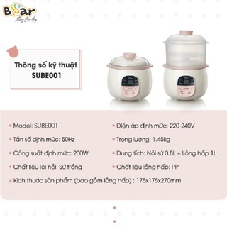 Nồi Nấu Chậm Bear SUBE001 Đa Năng 0.8L Có Lồng Hấp Nấu Cháo Chè Chưng Yến Hầm Xương Màu Vàng