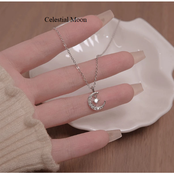 Dây Chuyền Mạ Bạc Crescent Dream  Đính Đá Zircon - Vòng Cổ Mặt Trăng Khuyết Và Ngôi Sao Thanh Lịch
