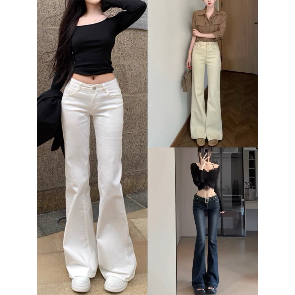 Quần Jeans Nữ màu Trắng ỐNG LOE Form rộng dài Chùm Chân Lưng thấp Hách Dáng Quần Bò Nữ ống Rộng Loe chất liệu Jeans Mềm