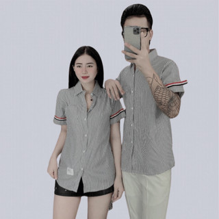 [Chuẩn Couple] Sơ Mi Nữ Ngắn Tay Kẻ Ghi Meiclothing shop - Áo Kiểu Thom Viền Tay - Chất Mát Mịn Đi Học Đi Làm