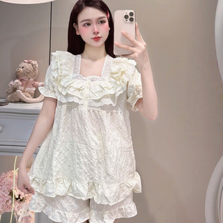 [MẪU HÈ] Bộ Đồ Ngủ Nữ JUSOKA Pijama DU05 Cổ Ren Phối Nơ Chất Đũi Gạo Siêu Dễ Thương Dành Cho Nữ