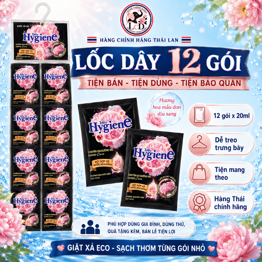 1 DÂY 12 GÓI - Nước xả vải đậm đặc Hygiene Expert Care 20ml [ĐEN-HƯƠNG HOA MẪU ĐƠN] Nhỏ , gọn , Tiện lợi - LCD STORE