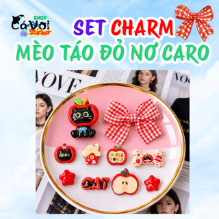 [ĐỘC QUYỀN]  Set Charm Mèo Táo Đỏ Black Cat Apple Premium Nơ Caro Đỏ Ngôi Sao Kawaii Resin Trang Trí Dép Dễ Thương