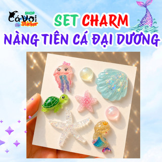 Set Charm Nàng Tiên Cá Đại Dương Vỏ Sò Ngọc Trai Rùa Biển Sao Biển Sứa Hồng Resin Trong Suốt Trang Trí Dép Dễ Thương