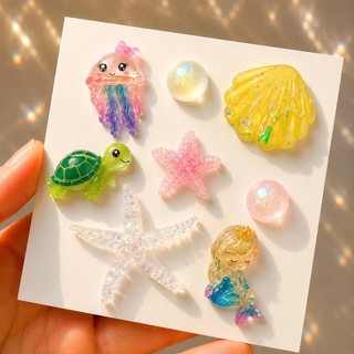 Set Charm Nàng Tiên Cá Đại Dương Vỏ Sò Ngọc Trai Rùa Biển Sao Biển Sứa Hồng Resin Trong Suốt Trang Trí Dép Dễ Thương