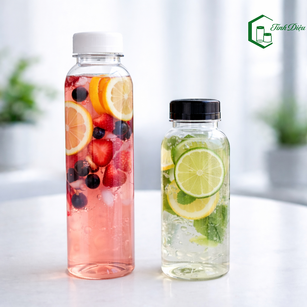 COMBO 5 Chai Nhựa PET Tròn 350ml/500ml – Chai Đựng Trà Sữa, Nước Ép, Detox, Sữa Hạt Kèm Nắp