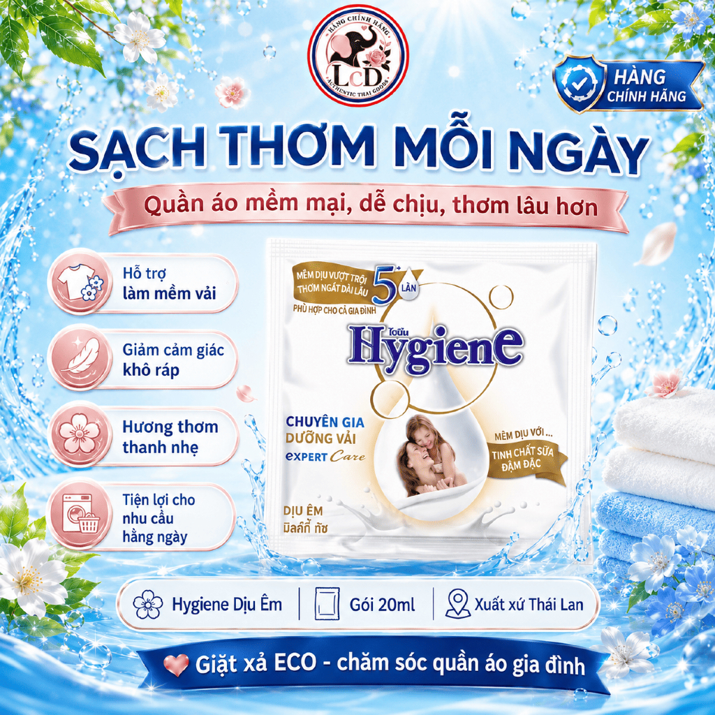 1 DÂY 12 GÓI - Nước xả vải đậm đặc Hygiene Expert Care 20ml [TRẮNG-ÊM DỊU CHO LÀN DA] giành cho embe - LcD Thailand Mart