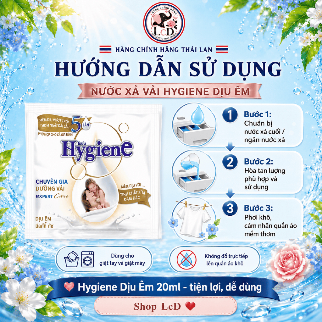 1 DÂY 12 GÓI - Nước xả vải đậm đặc Hygiene Expert Care 20ml [TRẮNG-ÊM DỊU CHO LÀN DA] giành cho embe - LcD Thailand Mart