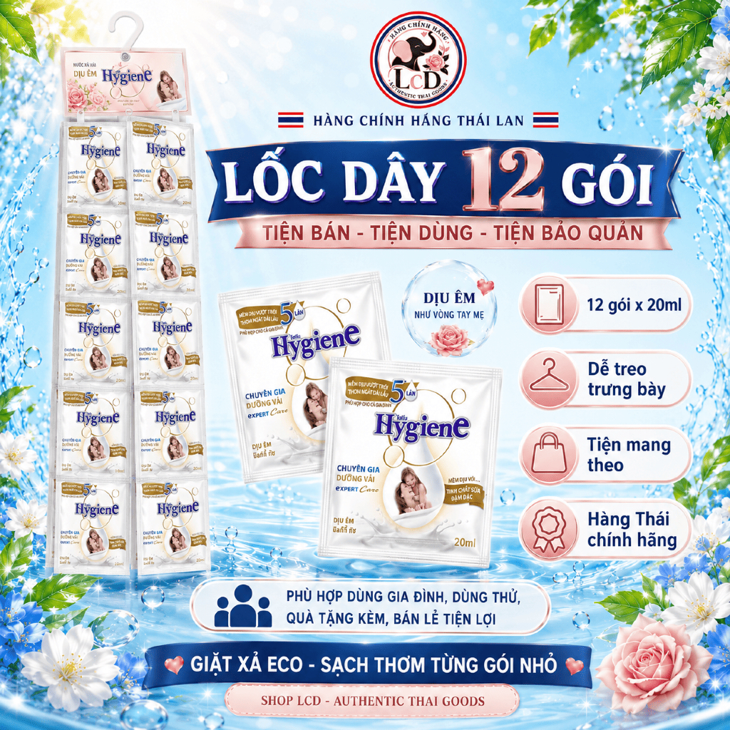1 DÂY 12 GÓI - Nước xả vải đậm đặc Hygiene Expert Care 20ml [TRẮNG-ÊM DỊU CHO LÀN DA] giành cho embe - LcD Thailand Mart