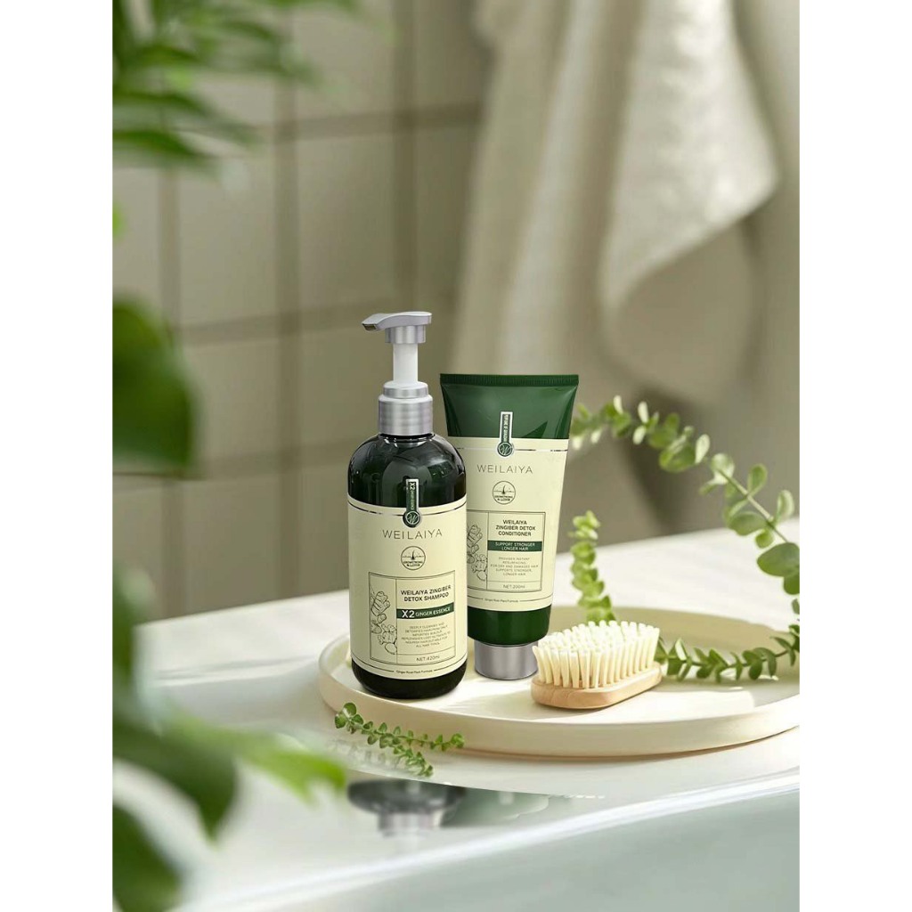 Cặp dầu gội xả tóc thảo dược Weilaiya gừng giúp detox, giúp tóc khoẻ đẹp cho da đầu dầu bết