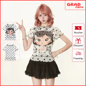 Áo thun lưới nữ GRADPOPU tay ngắn họa tiết cô gái Cartoon chấm bi form ôm phong cách Y2K mới AN452