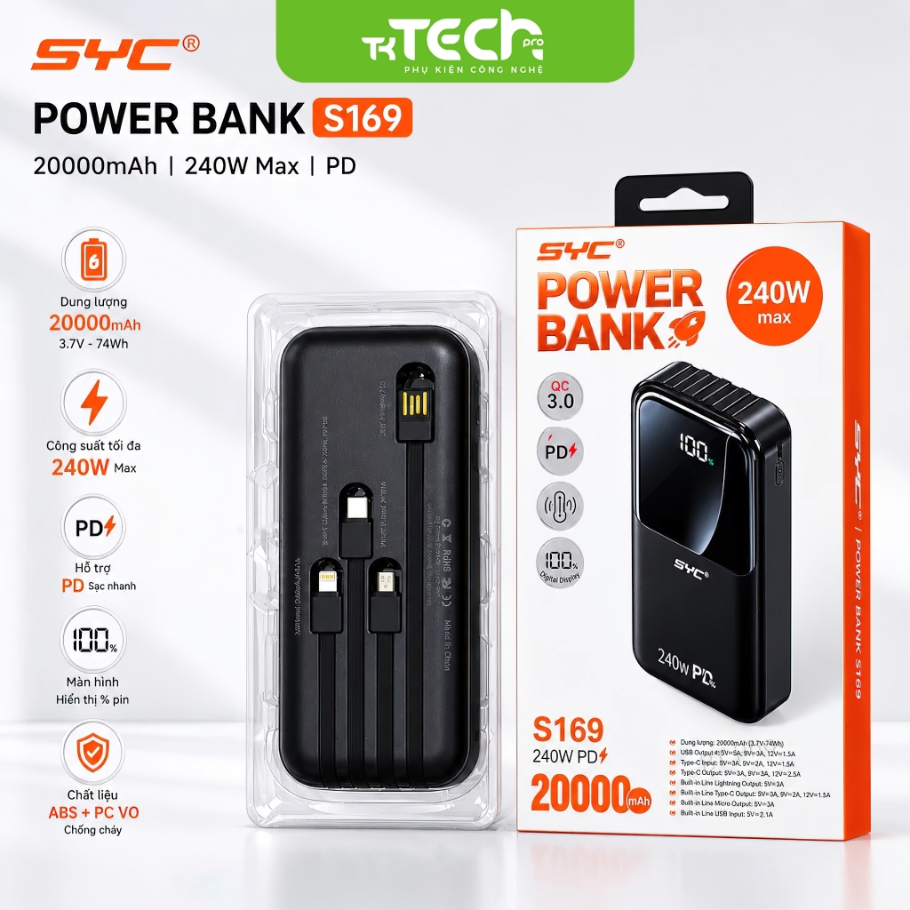 Pin Sạc Dự Phòng SYC S169 20000mAh Công Suất 240W Hỗ Trợ Sạc Nhanh
