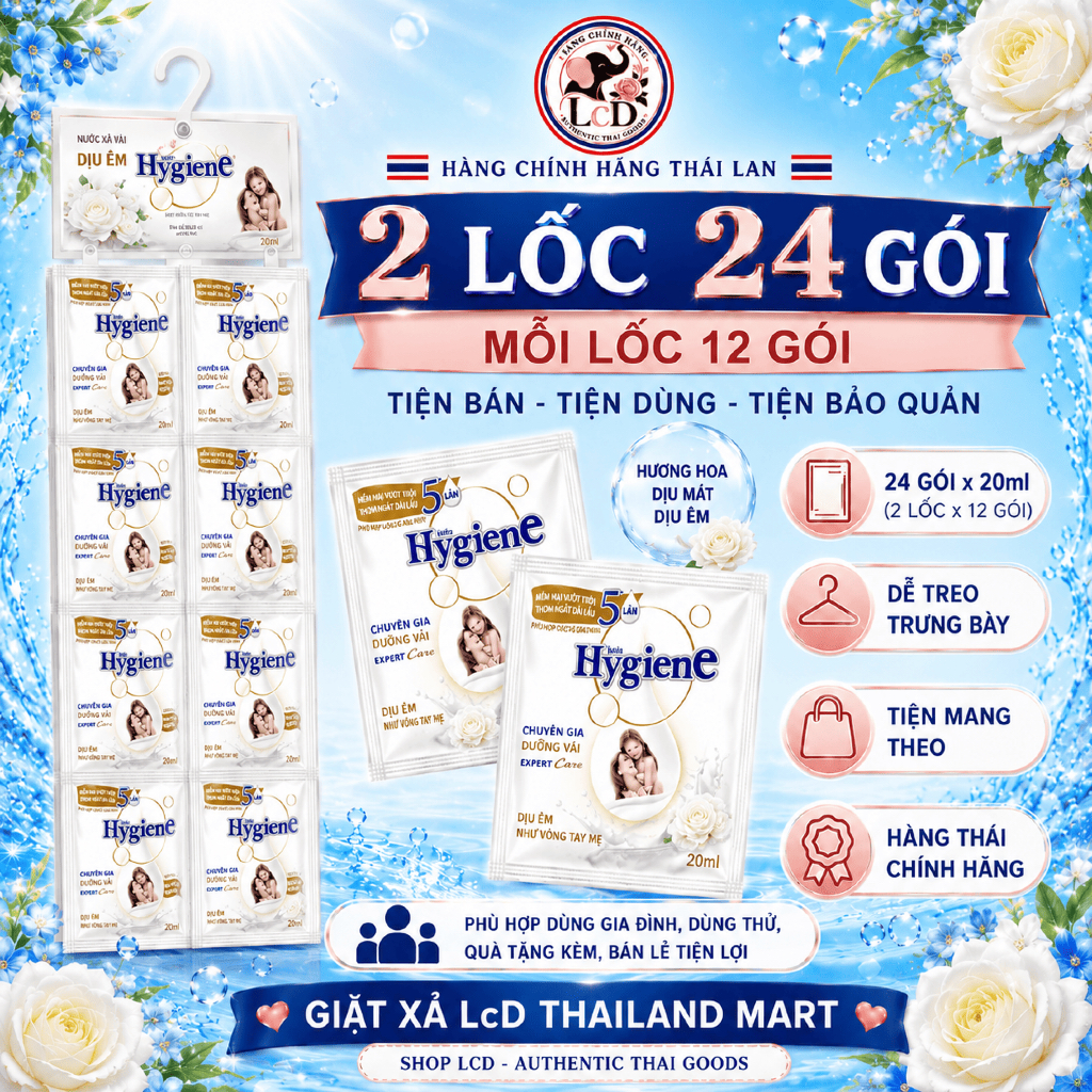 1 DÂY 12 GÓI - Nước xả vải đậm đặc Hygiene Expert Care 20ml [TRẮNG-ÊM DỊU CHO LÀN DA] giành cho embe - LcD Thailand Mart