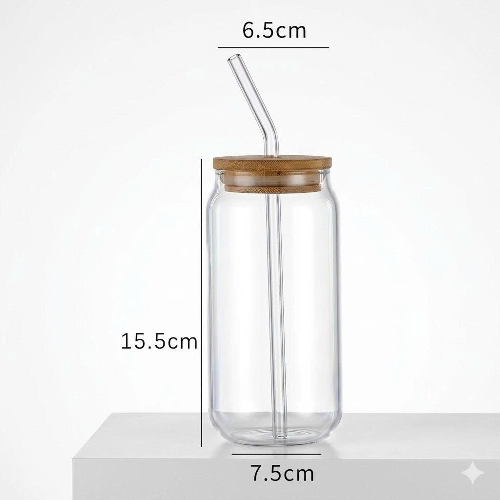 Ly Thủy Tinh Chịu Nhiệt 500ml Có Kèm Nắp Tre Và Ống Hút Thủy Tinh - Cốc Uống Nước, Cafe, Trà Sữa