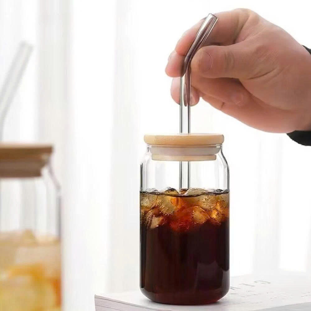 Ly Thủy Tinh Chịu Nhiệt 500ml Có Kèm Nắp Tre Và Ống Hút Thủy Tinh - Cốc Uống Nước, Cafe, Trà Sữa