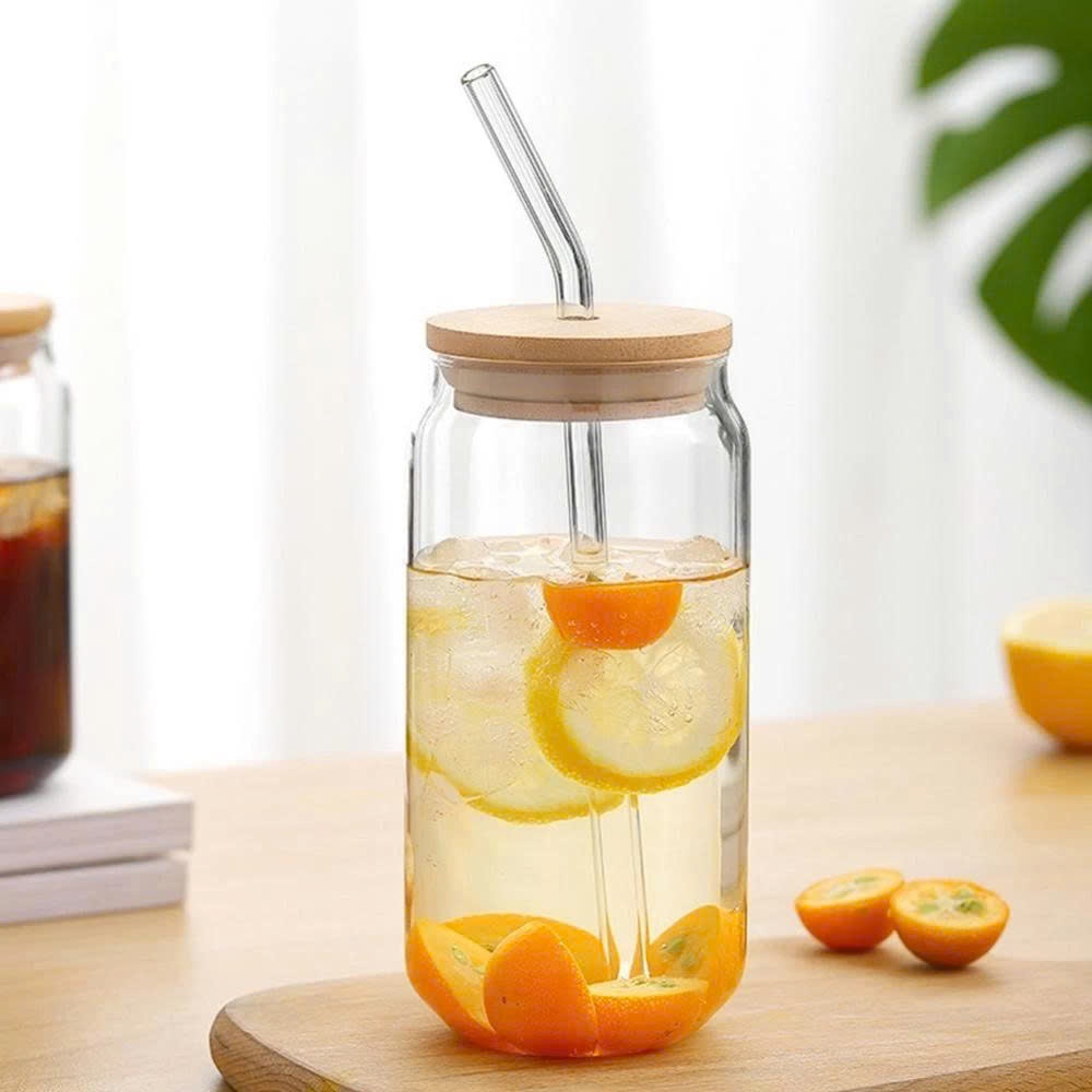 Ly Thủy Tinh Chịu Nhiệt 500ml Có Kèm Nắp Tre Và Ống Hút Thủy Tinh - Cốc Uống Nước, Cafe, Trà Sữa