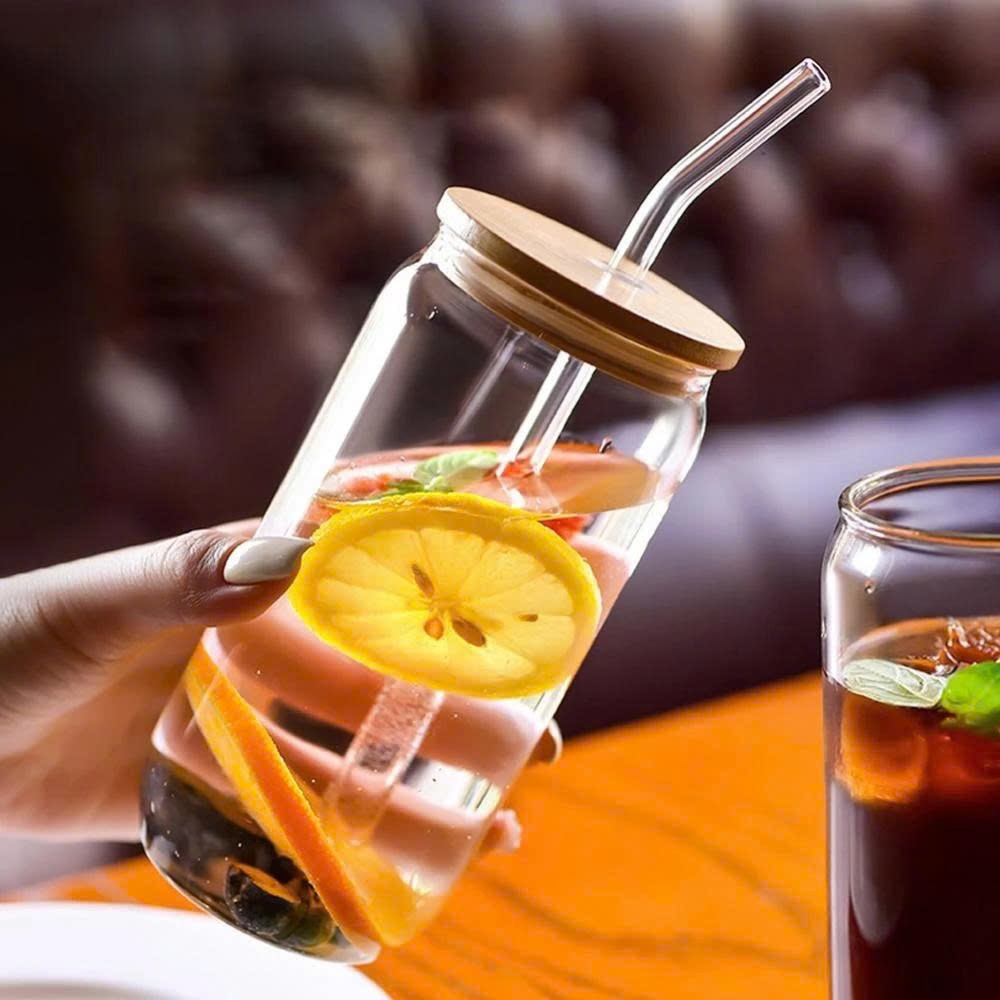 Ly Thủy Tinh Chịu Nhiệt 500ml Có Kèm Nắp Tre Và Ống Hút Thủy Tinh - Cốc Uống Nước, Cafe, Trà Sữa