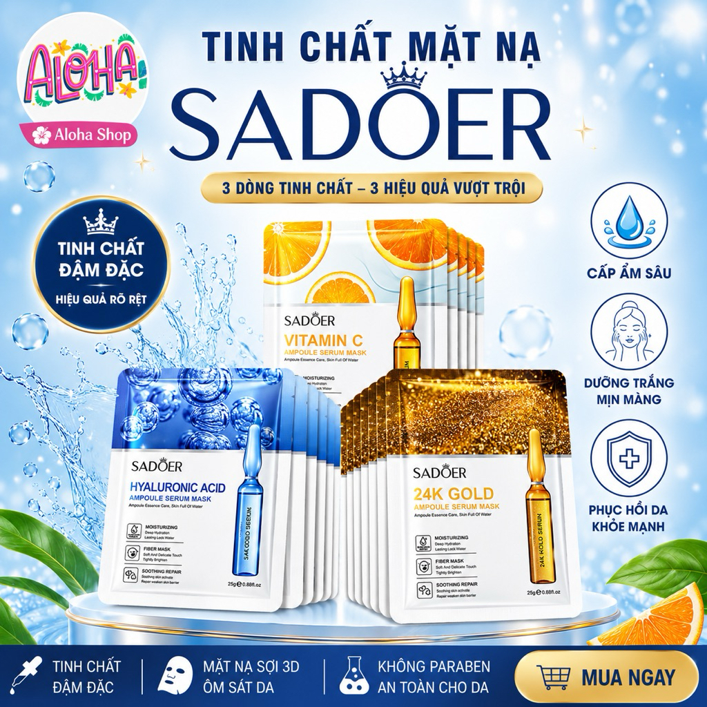 Combo 30 Miêng Mặt Nạ  SADOER mix HA - Vitamin C - Vàng 24K Giúp Dưỡng Ấm,Giảm nám mờ thâm bật tone da