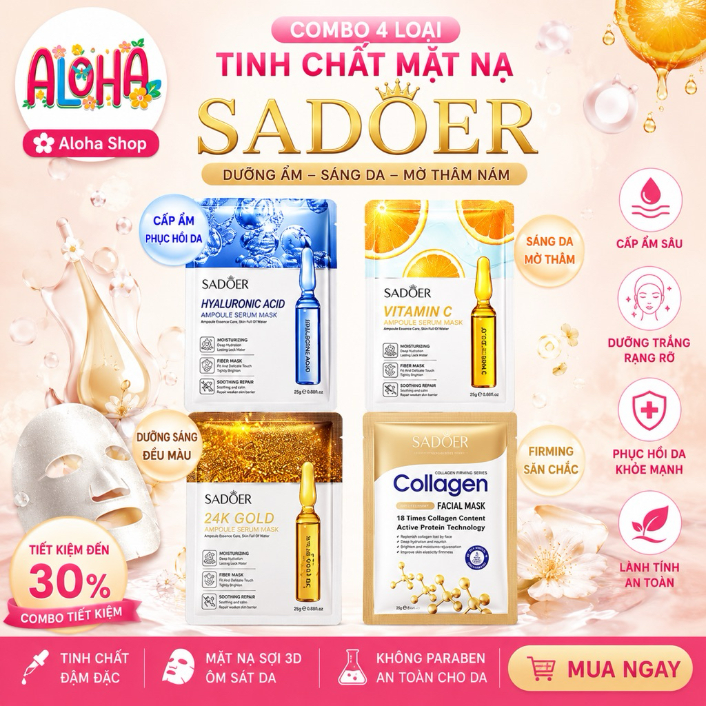 Combo 40 Miếng nạ mix 4 vị Vàng 24k, Vitamin C, HA, Collagen htro dưỡng ẩm, dưỡng sáng, giảm thâm sạm nám, căng bóng