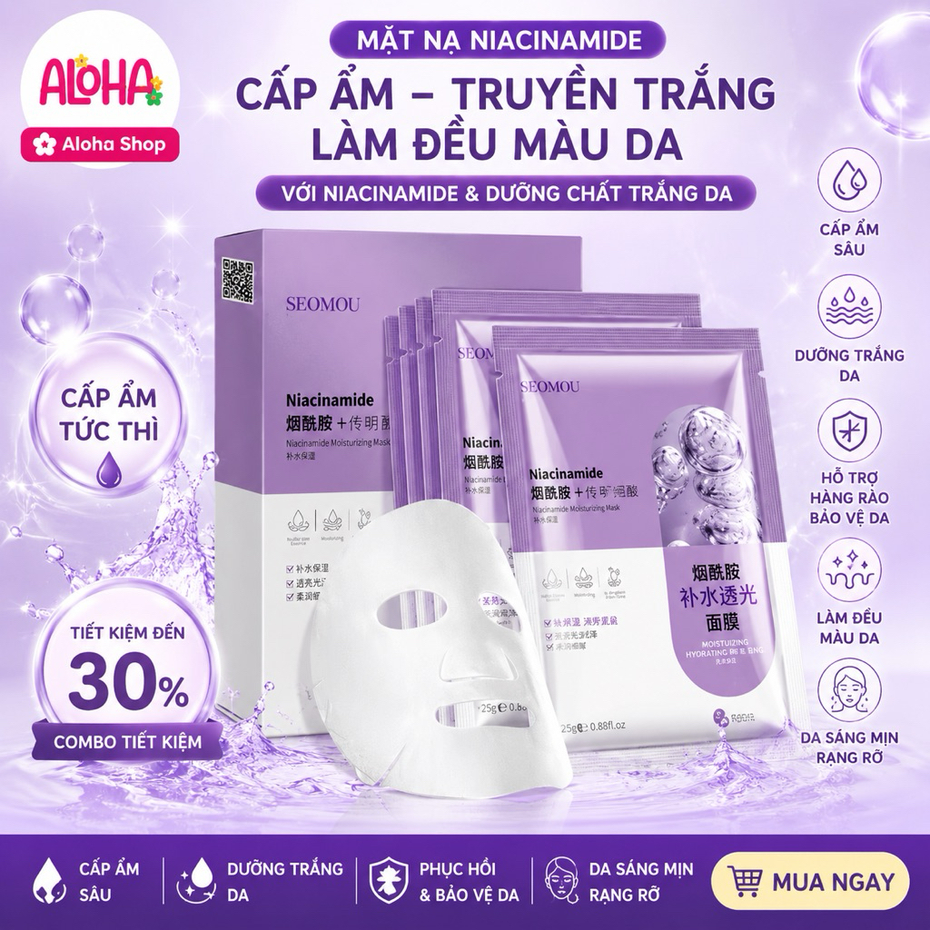 Combo 30 Miếng Mặt Nạ Cấp Ẩm, Truyền Trắng Chuyên Sâu Niacinamide Dùng Cho Mọi Loại Da Skin Mark ALOHA