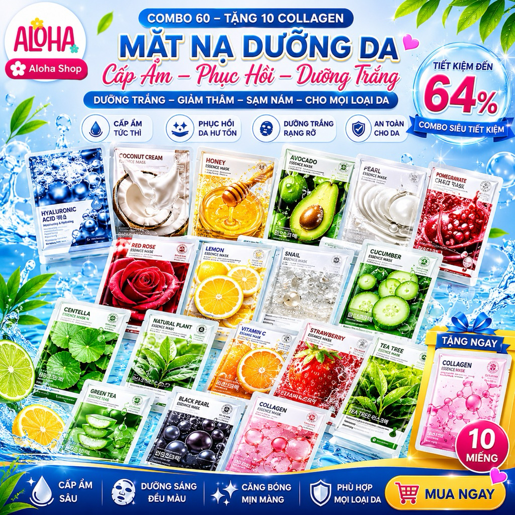 Combo 60 (Tặng 10) Mặt Nạ Cấp Ẩm, Dưỡng Trắng, Căng Bóng Da, Phục Hồi, Thu Nhỏ Lỗ Chân Lông