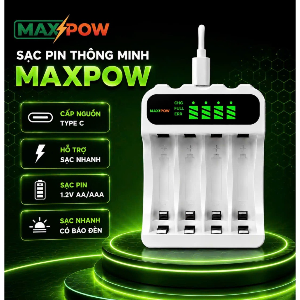 Maxpow Pin Sạc Tái Sử Dụng Combo 1 Sạc + 4 Pin AA 3300mAh, sạc tái dụng, sạc lại nhiều lần pin lắp mic hát 8-10 tiếng..
