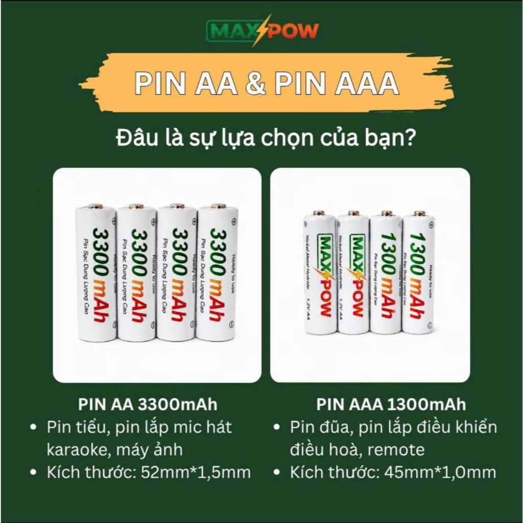 Maxpow Pin Sạc Tái Sử Dụng Combo 1 Sạc + 4 Pin AA 3300mAh, sạc tái dụng, sạc lại nhiều lần pin lắp mic hát 8-10 tiếng..