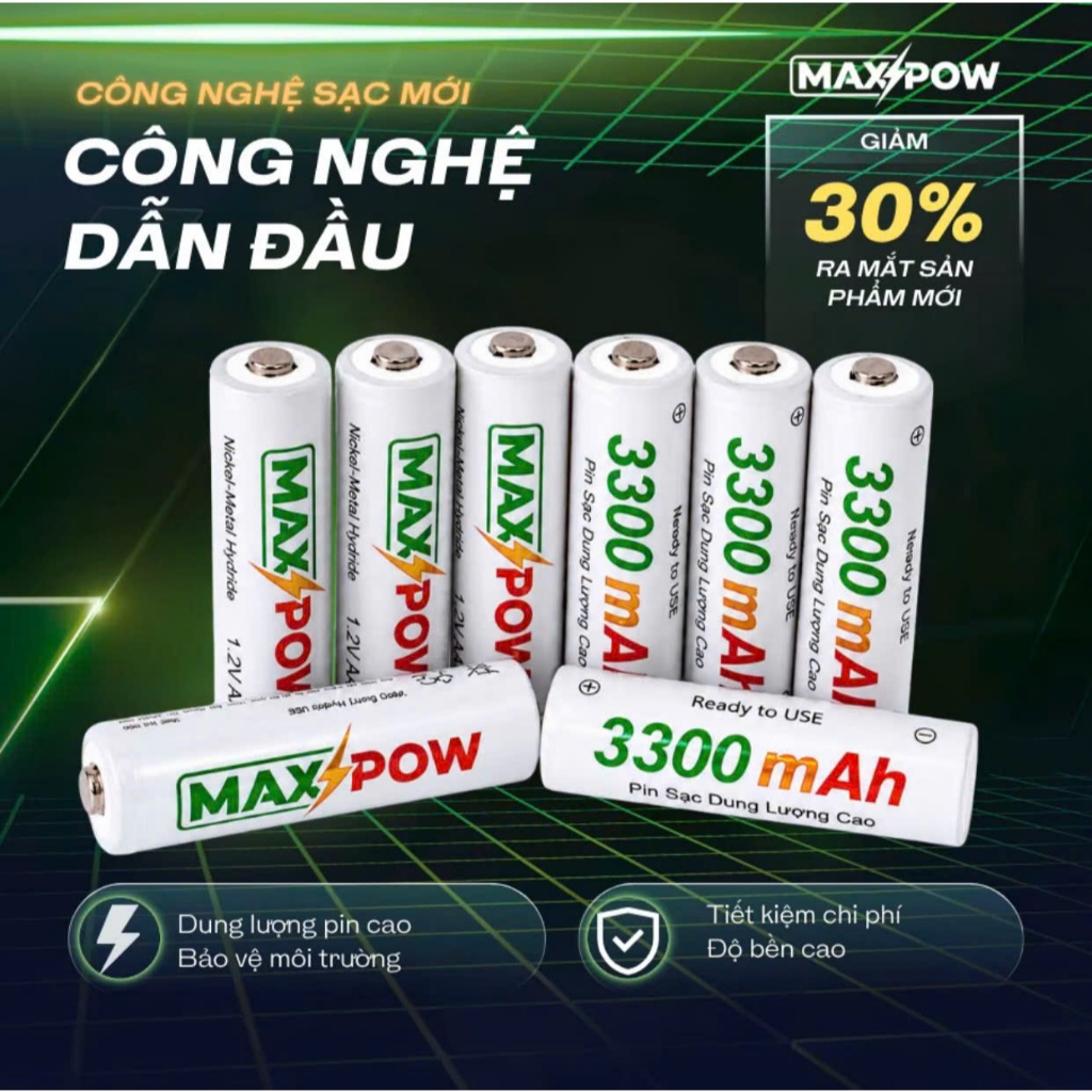 Maxpow Pin Sạc Tái Sử Dụng Combo 1 Sạc + 4 Pin AA 3300mAh, sạc tái dụng, sạc lại nhiều lần pin lắp mic hát 8-10 tiếng..