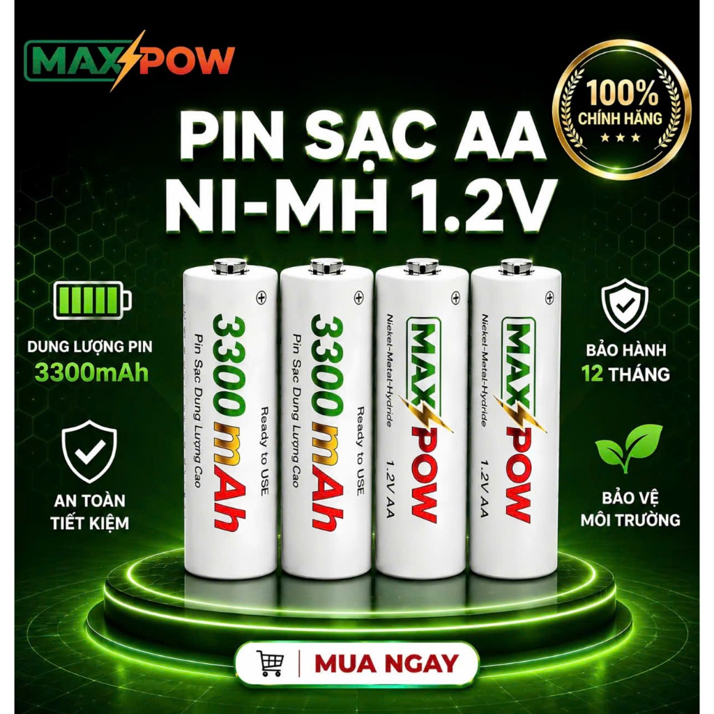 Maxpow Pin Sạc Tái Sử Dụng Combo 1 Sạc + 4 Pin AA 3300mAh, sạc tái dụng, sạc lại nhiều lần pin lắp mic hát 8-10 tiếng..
