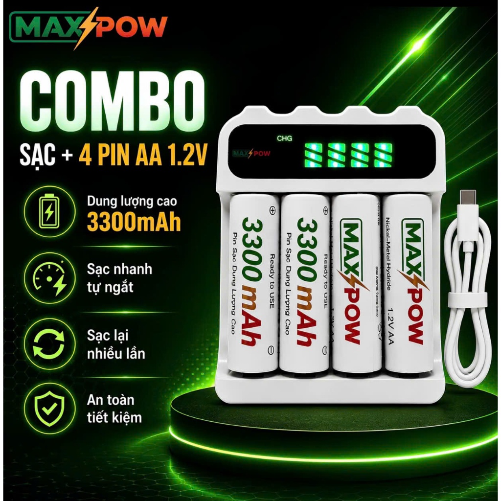Maxpow Pin Sạc Tái Sử Dụng Combo 1 Sạc + 4 Pin AA 3300mAh, sạc tái dụng, sạc lại nhiều lần pin lắp mic hát 8-10 tiếng..